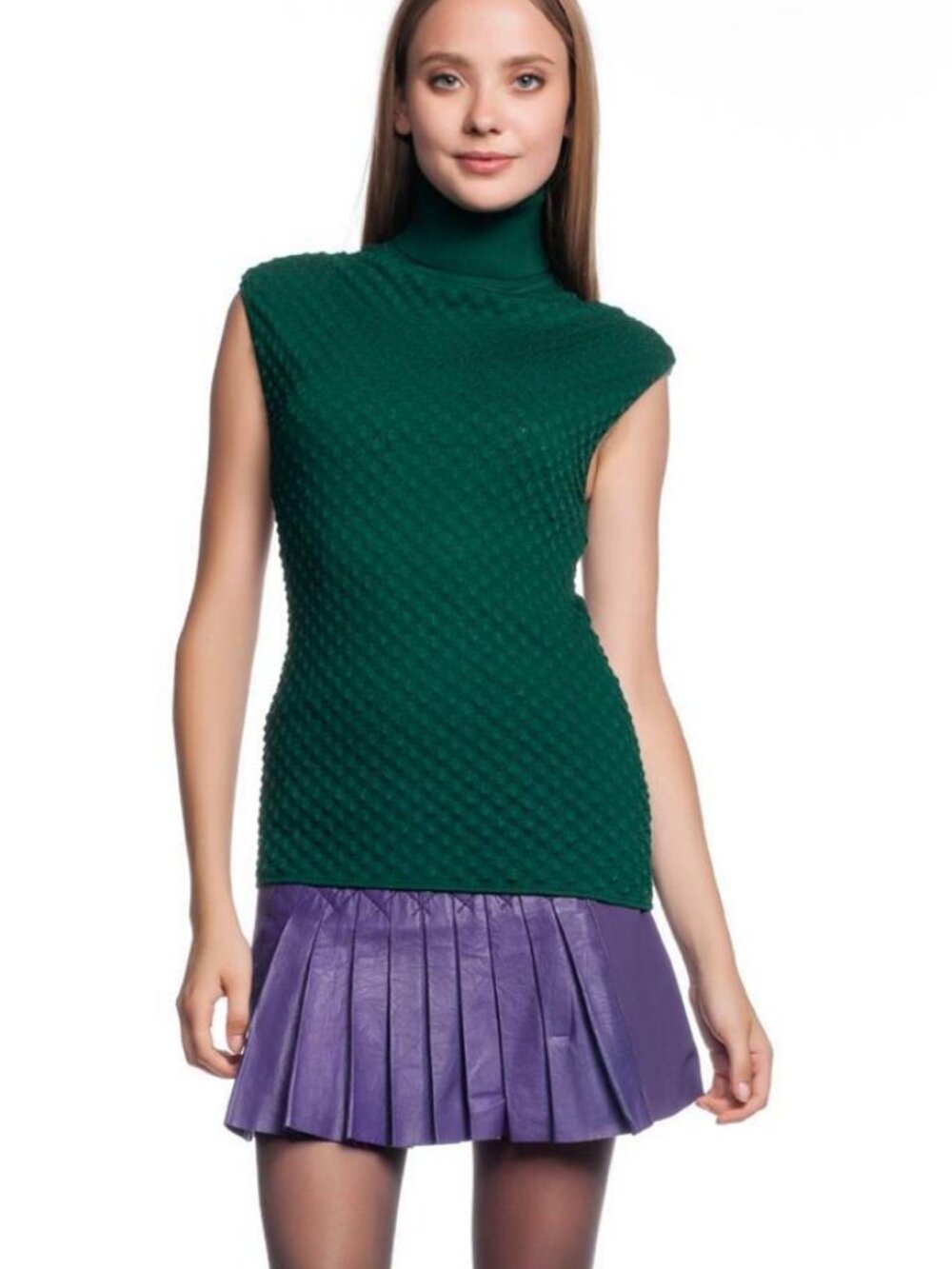 Catherine Malandrino 123TK13 Turtleneck Cap Sleeve Knit Top Jade Green NWT
